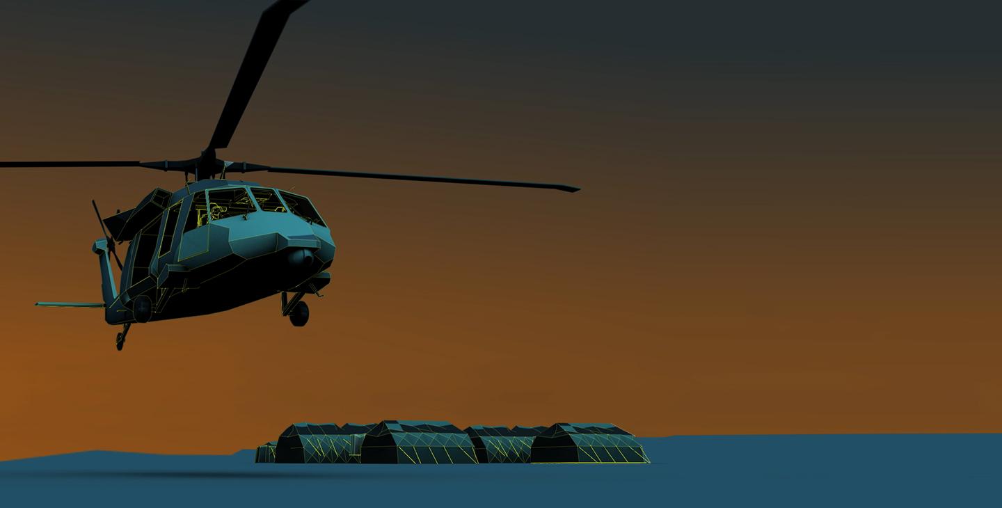 一架UH-60飞过军用帐篷的数字化图像